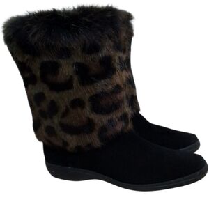 Stuart Weitzman Leopard Print Real Rabbit Fur Mid-Calf Winter Boots Yeti